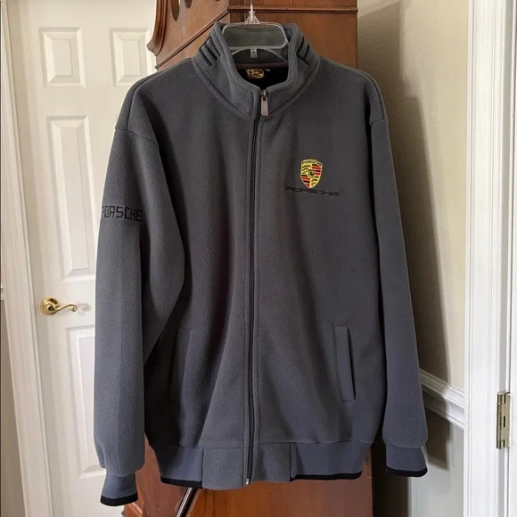 *Unisex Porsche Gray & Black Zippered Fleece Jacket Coat Sporty Cars Speed - Picture 2 of 15